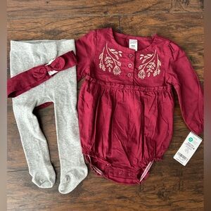 NWT Carter's Baby Matching Set, Maroon/Red Top, Gray Tights, Headband - size 9M